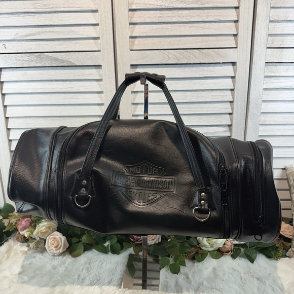 VTG Harley-Davidson Eagle's Nest Black Leather Vinyl Saddle Duffel Bag Bicycle - Picture 1 of 10